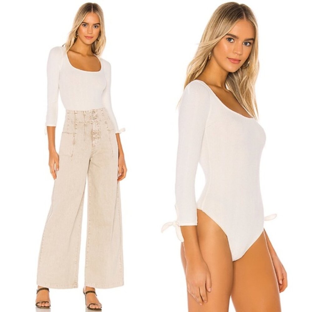 Free People Move On Ribbed Tie Sleeve Bodysuit in Ivory sz M